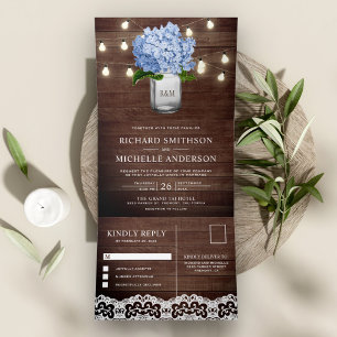 Blue Hydrangea Mason Jar String Lights Wedding Dreifach Gefaltete Einladung