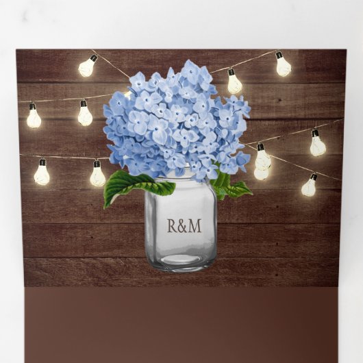 Blue Hydrangea Mason Jar String Lights Wedding Dreifach Gefaltete Einladung (Innen Erste Seite)
