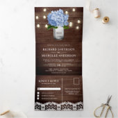 Blue Hydrangea Mason Jar String Lights Wedding Dreifach Gefaltete Einladung (Innenseite)