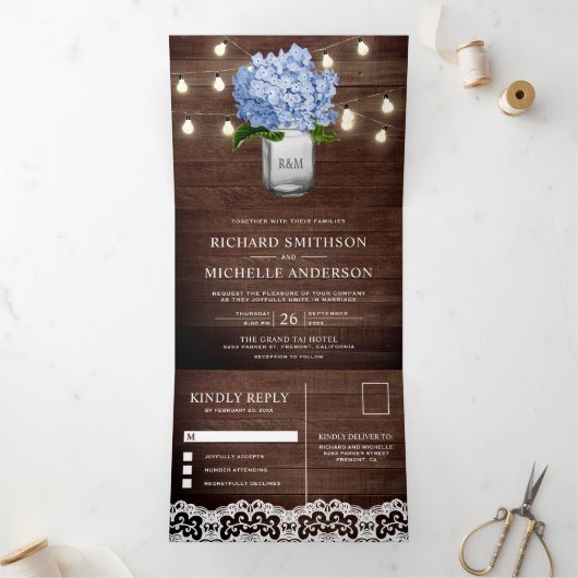 Blue Hydrangea Mason Jar String Lights Wedding Dreifach Gefaltete Einladung (Innenseite)