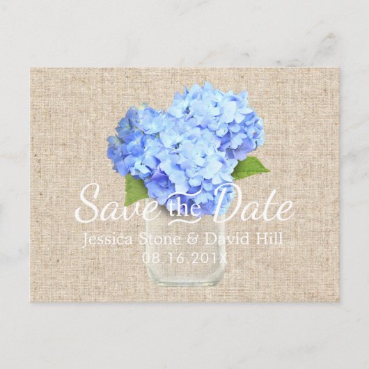 Blue Hydrangea Mason Jar Wedding Save the Date Ankündigungspostkarte (Vorderseite)
