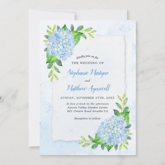 Blue Hydrangea Moderne Hochzeit der Wasserfarben Einladung (Vorderseite)