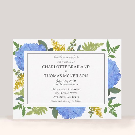 Blue Hydrangea Moderne künstlerische Blumenhochzei Einladung