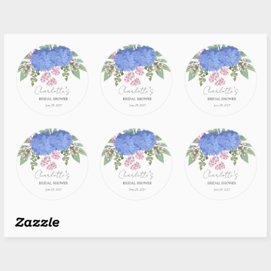 Blue Hydrangea Modernes Brautparty Runder Aufkleber (Blatt)