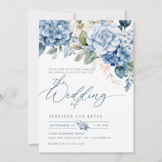 Blue Hydrangea Modernes Drehbuch Blumenhochzeit Einladung (Vorderseite)