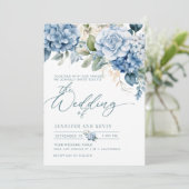 Blue Hydrangea Modernes Drehbuch Blumenhochzeit Einladung (Stehend Vorderseite)