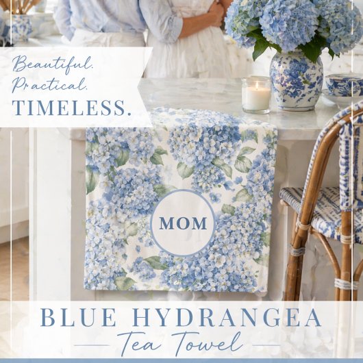 Blue Hydrangea MOM Tea Towel Coastal Gift Geschirrtuch