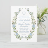 Blue Hydrangea Monogram Crest Wedding Invitation Einladung (Stehend Vorderseite)