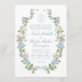 Blue Hydrangea Monogram Crest Wedding Invitation Einladung (Vorderseite)