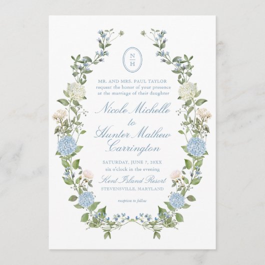 Blue Hydrangea Monogram Crest Wedding Invitation Einladung (Vorderseite)