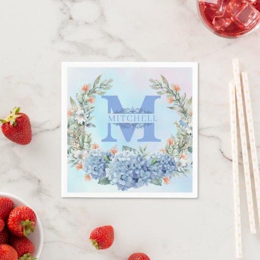 Blue Hydrangea Monogram Paper Napkin Serviette (Beispiel)