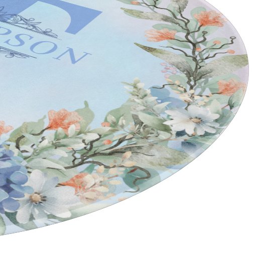Blue Hydrangea Monogram Round Cutting Board Schneidebrett (Ecke)