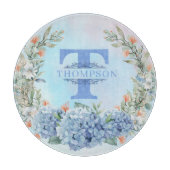 Blue Hydrangea Monogram Round Cutting Board Schneidebrett (Vorderseite)