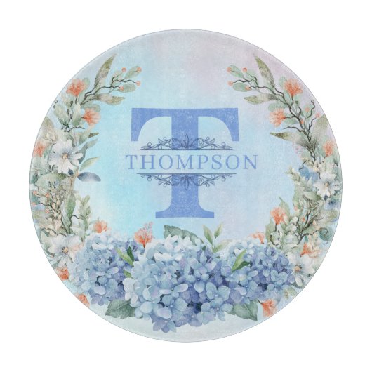 Blue Hydrangea Monogram Round Cutting Board Schneidebrett (Vorderseite)