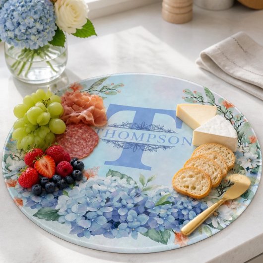 Blue Hydrangea Monogram Round Cutting Board Schneidebrett