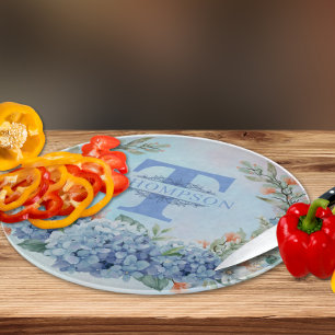 Blue Hydrangea Monogram Round Cutting Board Schneidebrett