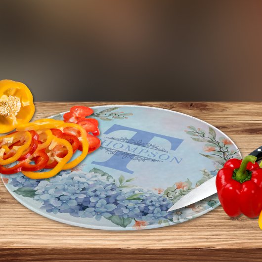 Blue Hydrangea Monogram Round Cutting Board Schneidebrett