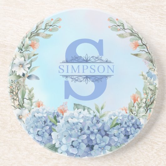 Blue Hydrangea Monogram Round Untersetzer (Vorne)