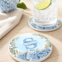 Blue Hydrangea Monogram Round Untersetzer