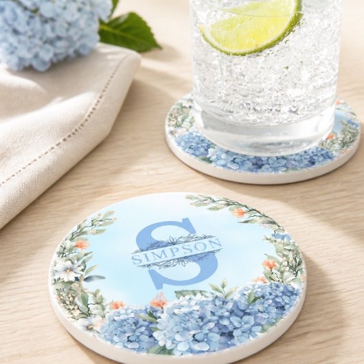 Blue Hydrangea Monogram Round Untersetzer