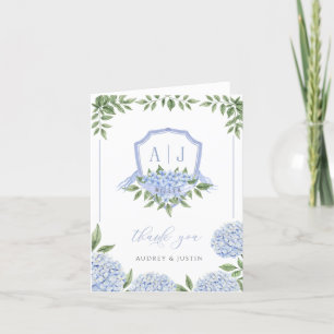 Blue Hydrangea Monogram Wappen Borded Wedding Dankeskarte