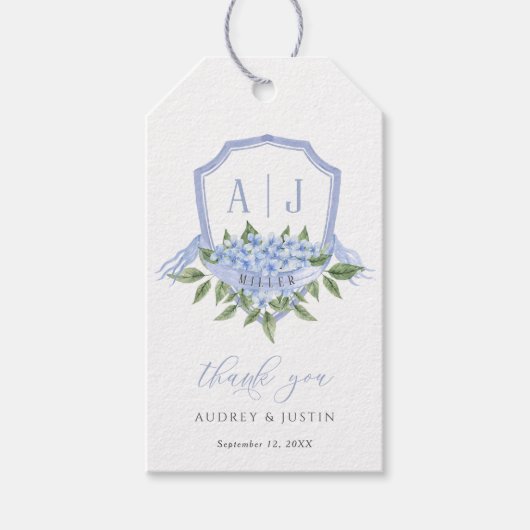 Blue Hydrangea Monogram Wappen Maßgeschneiderte Ho Geschenkanhänger (Vorderseite)