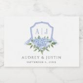 Blue Hydrangea Monogram Wappen Mini Wedding Schaumweinetikett (Einzelnes Label)