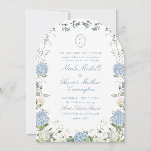 Blue Hydrangea Monogram Wedding Arch Invitation Einladung (Vorderseite)