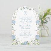 Blue Hydrangea Monogram Wedding Arch Invitation Einladung (Stehend Vorderseite)