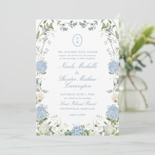 Blue Hydrangea Monogram Wedding Crest Invitation Einladung (Stehend Vorderseite)