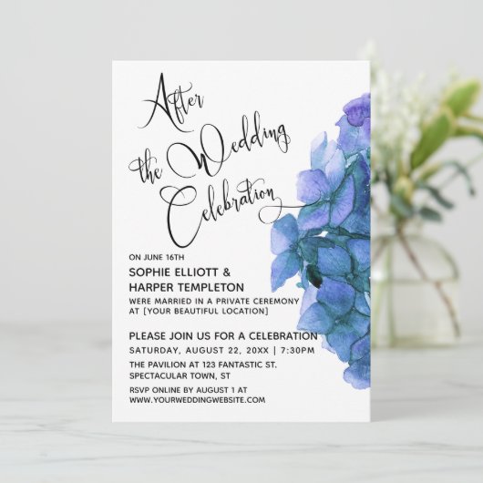 Blue Hydrangea nach der Hochzeitsfeier Einladung (Stehend Vorderseite)
