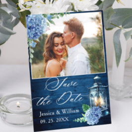 Blue Hydrangea Navy Wood Lantern Foto Hochzeit Save The Date