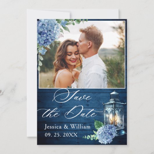 Blue Hydrangea Navy Wood Lantern Foto Hochzeit Save The Date (Vorderseite)