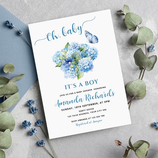 Blue Hydrangea Oh, Baby Es ist eine Baby-Dusche Einladung