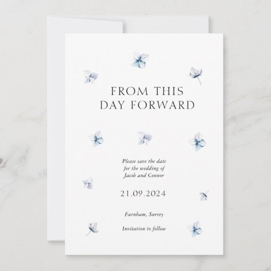 Blue Hydrangea Petal Wedding Save the Date Card (Vorderseite)