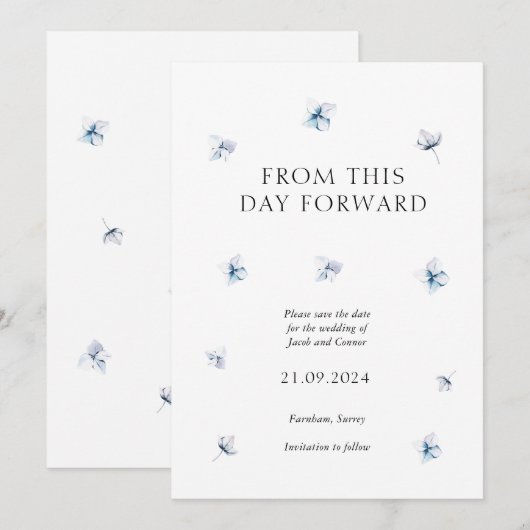Blue Hydrangea Petal Wedding Save the Date Card (Vorne/Hinten)