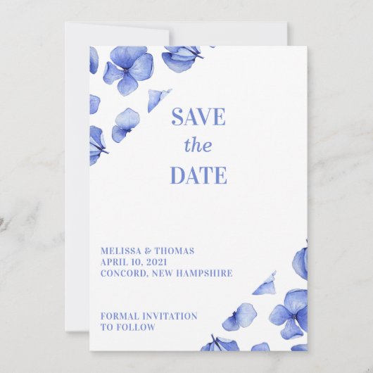 Blue Hydrangea Petals ohne Foto Save The Date (Vorderseite)