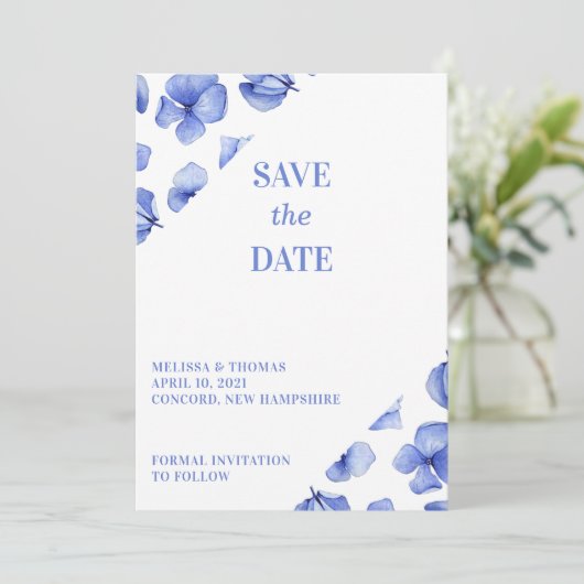 Blue Hydrangea Petals ohne Foto Save The Date (Stehend Vorderseite)