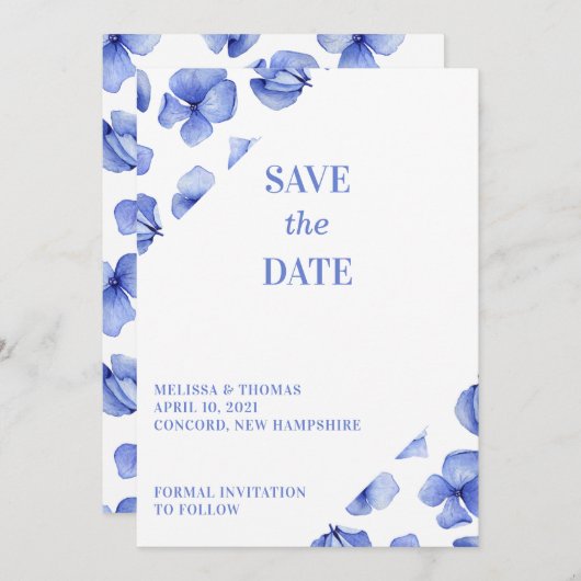 Blue Hydrangea Petals ohne Foto Save The Date (Vorne/Hinten)