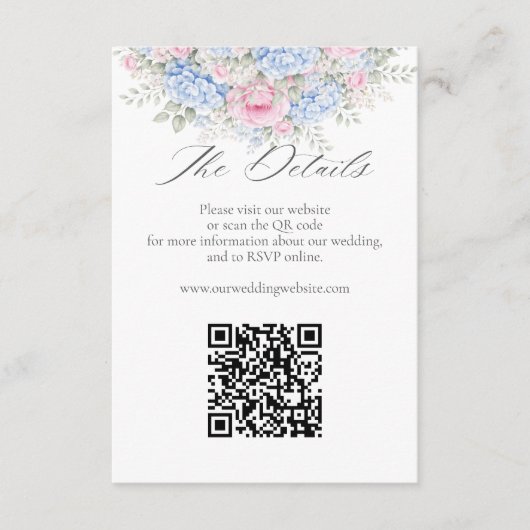Blue Hydrangea Pink Floral Wedding Website QR Code Begleitkarte (Vorderseite)