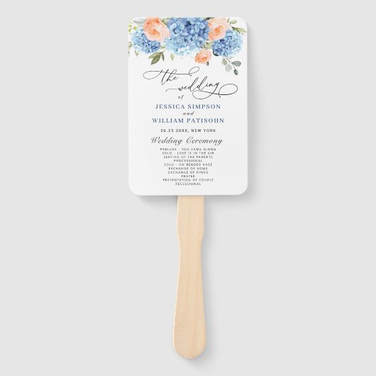 Blue Hydrangea Pink Roses Hochzeitsprogramm Fächer (Vorderseite)