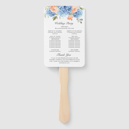 Blue Hydrangea Pink Roses Hochzeitsprogramm Fächer (Rückseite)