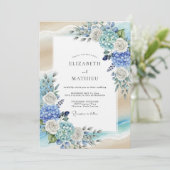 Blue Hydrangea Romantic Flourish Wedding Einladung (Stehend Vorderseite)