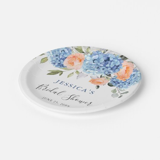 Blue Hydrangea Rosa Rose Brautparty Pappteller (Schrägansicht)
