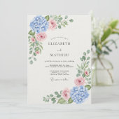 Blue Hydrangea Rose Botanical Wedding Einladung (Stehend Vorderseite)