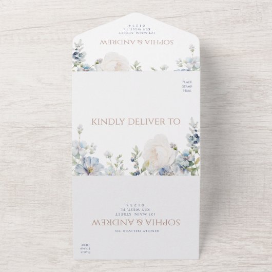 Blue Hydrangea & Rose Wedding All In One Einladung (Außenbereich)