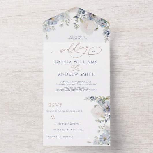 Blue Hydrangea & Rose Wedding All In One Einladung (Innen Boden)