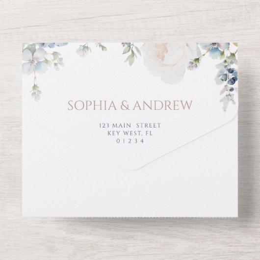 Blue Hydrangea & Rose Wedding All In One Einladung (Rückseite)