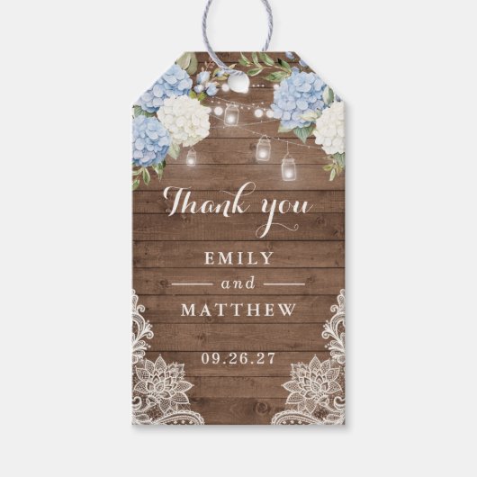 Blue Hydrangea Rustic Holz Spitzen Lichter Geschenkanhänger (Vorderseite)