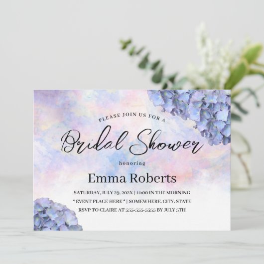 Blue Hydrangea Rustic Watercolor Brautparty Einladung (Stehend Vorderseite)